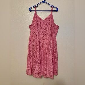 Ashley Nell Tipton Pink Midi Dress with lace overlay